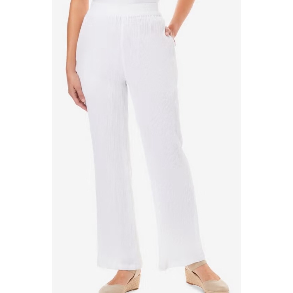 Woman Within White Crinkle Gauze Wide Leg Pants Plus Size 20W Cotton NWT